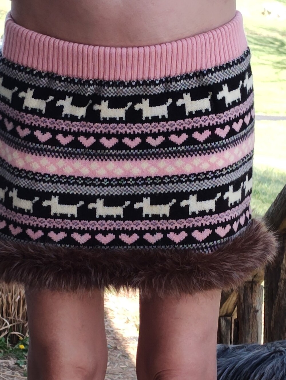 Pink, Black & White Knit Sweater Mini Skirt with Brown Faux Fur Hem